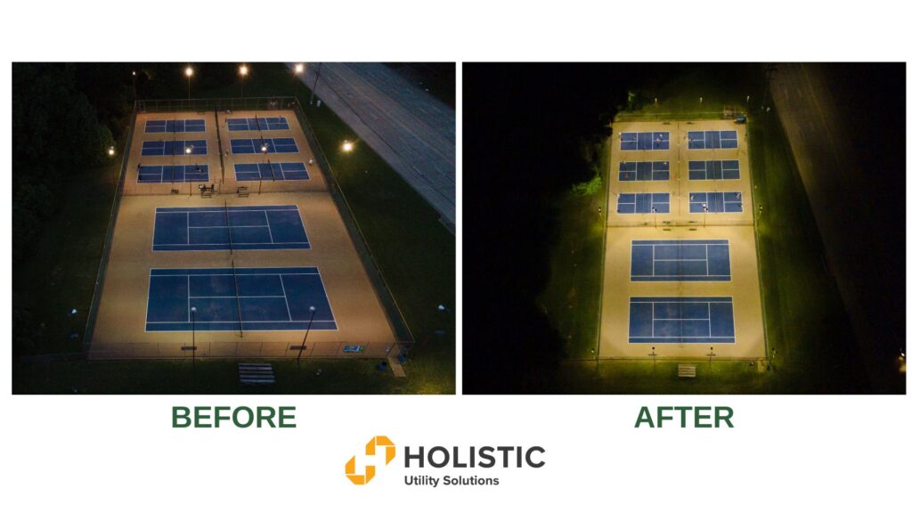 Before and after of a tennis court and pickleball LED retrofit in Texarkana, TX